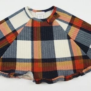 Bonnie Jean Girls Size 5 Fall/Autumn Plaid Poncho Capelet Navy Orange Bow...
